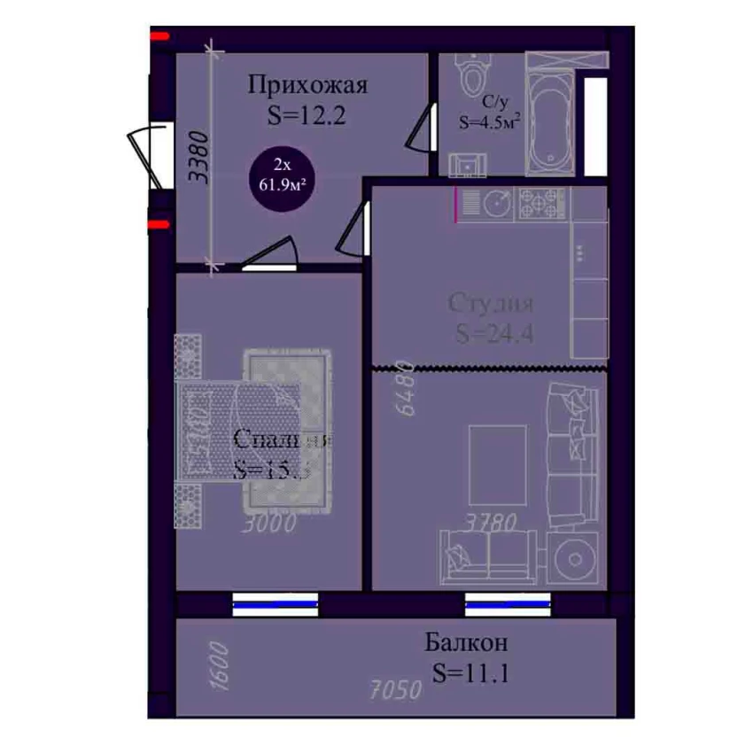 2-комн. квартира 61.9 м²  2/8 этаж | Жилой комплекс Navruz Avenue