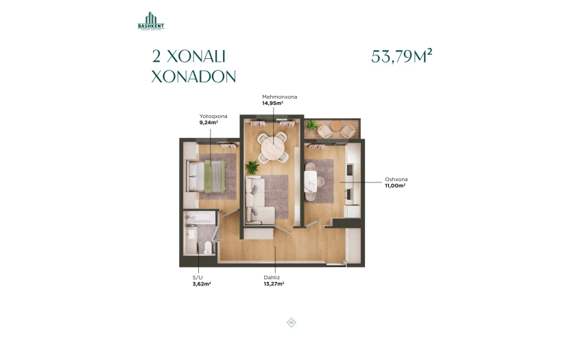 2-комнатная квартира 53.79 м²  12/16 этаж | Жилой комплекс BASHKENT