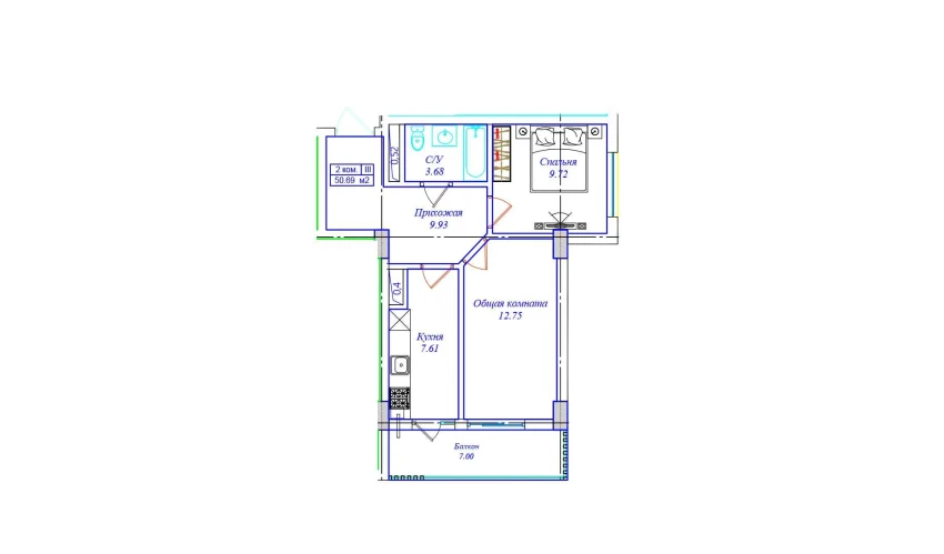 2-xonali xonadon 50.69 m²  2/9 qavat | UCHTEPA CITY Turar-joy majmuasi