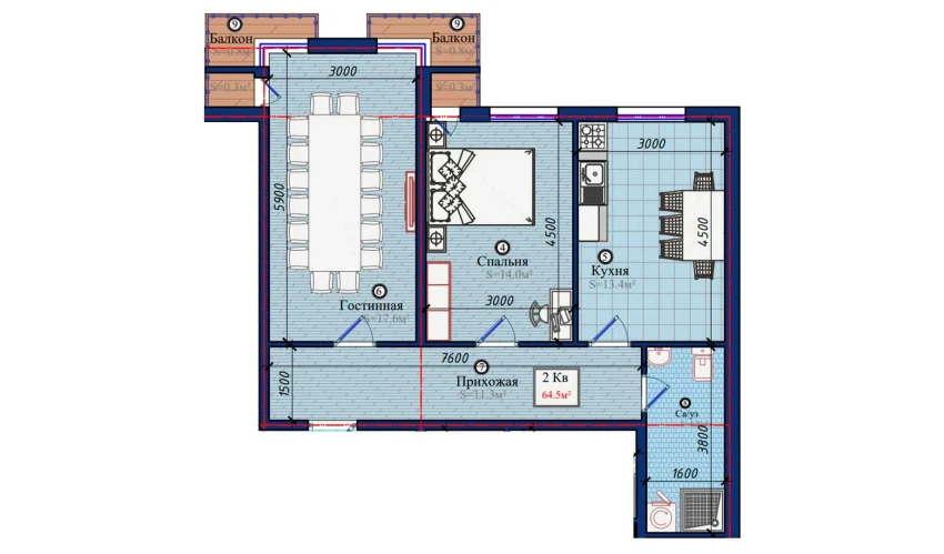 2-xonali xonadon 64.5 m²  10/10 qavat | NURAFSHON Turar-joy majmuasi