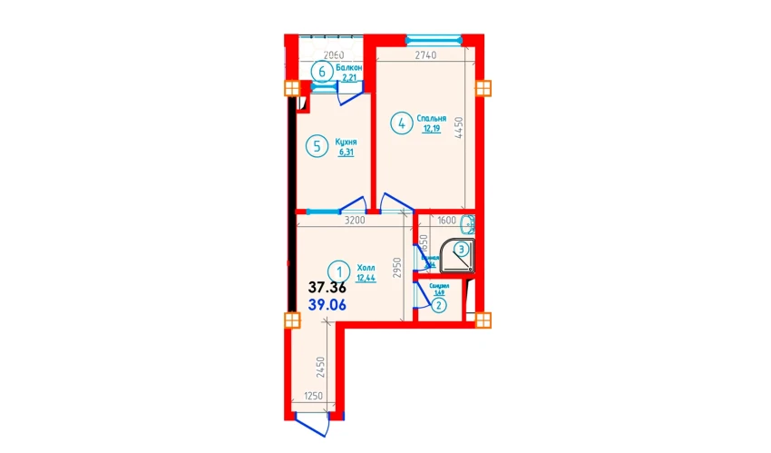 1-комнатная квартира 39.06 м²  8/12 этаж | Жилой комплекс S-Tower