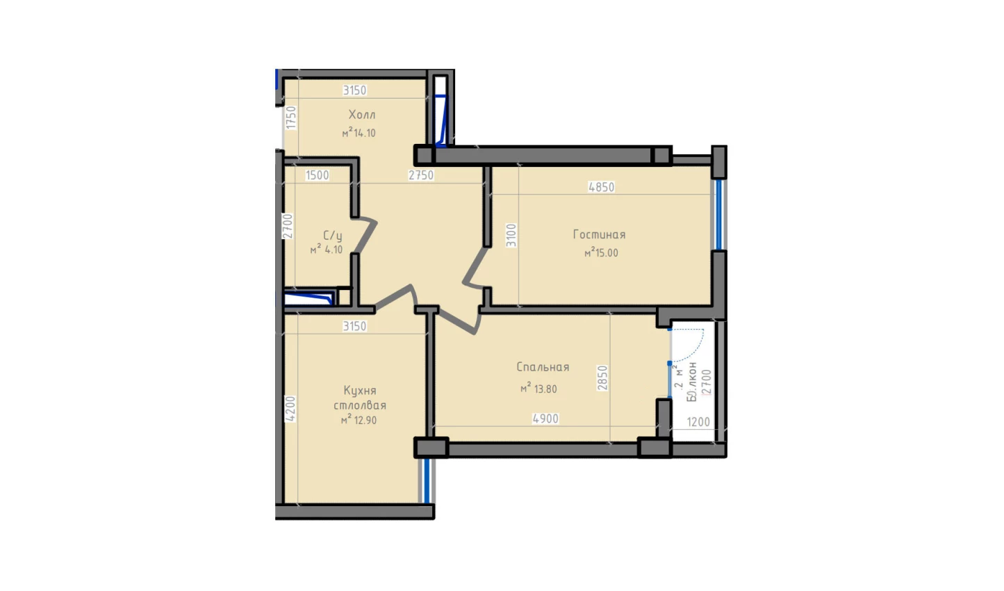 2-xonali xonadon 66.8 m²  8/13 qavat | ORZU SAROYI Turar-joy majmuasi
