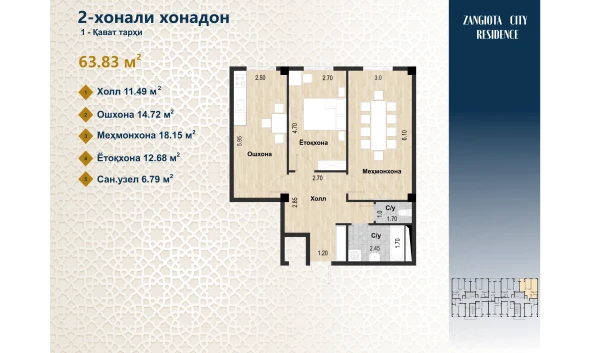 2-комнатная квартира 127.06 м²  1/11 этаж | Жилой комплекс Zangota City 1 -ETAP