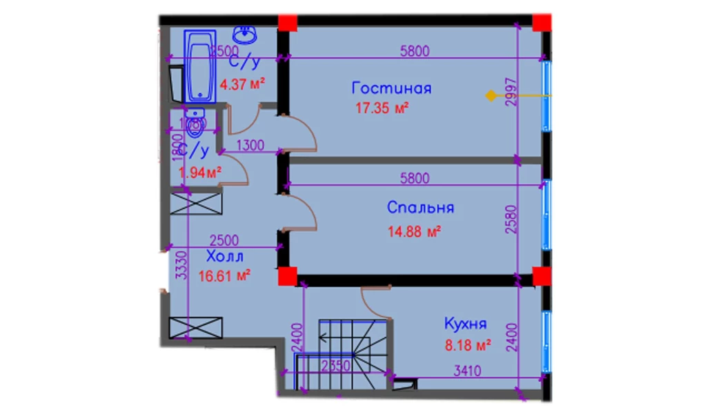 2-xonali xonadon 63.33 m²  1/10 qavat | Ko'kcha-Oqtepa Turar-joy majmuasi