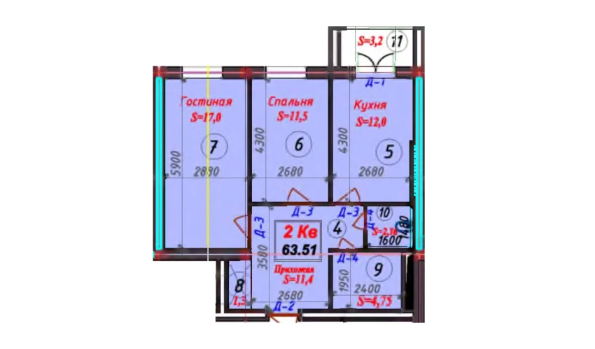 2-xonali xonadon 63.61 m²  5/9 qavat | SAMARQAND CITY Turar-joy majmuasi