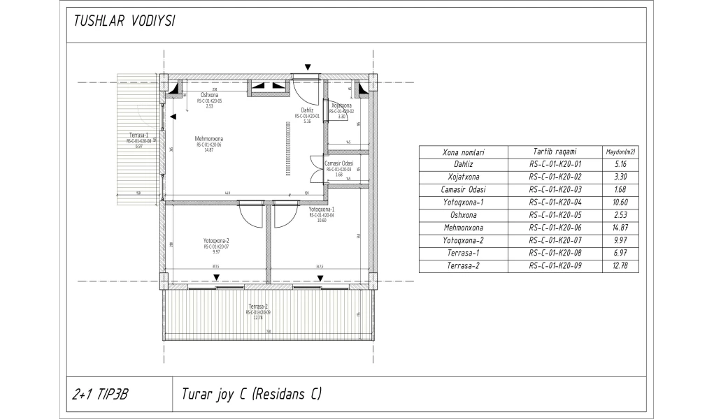 3-комн. квартира 54.04 м² 1/7 этаж | Жилой комплекс TUSHLAR VODIYSI 3-комн. квартира 54.04 м² 1/7 этаж | Жилой комплекс TUSHLAR VODIYSI