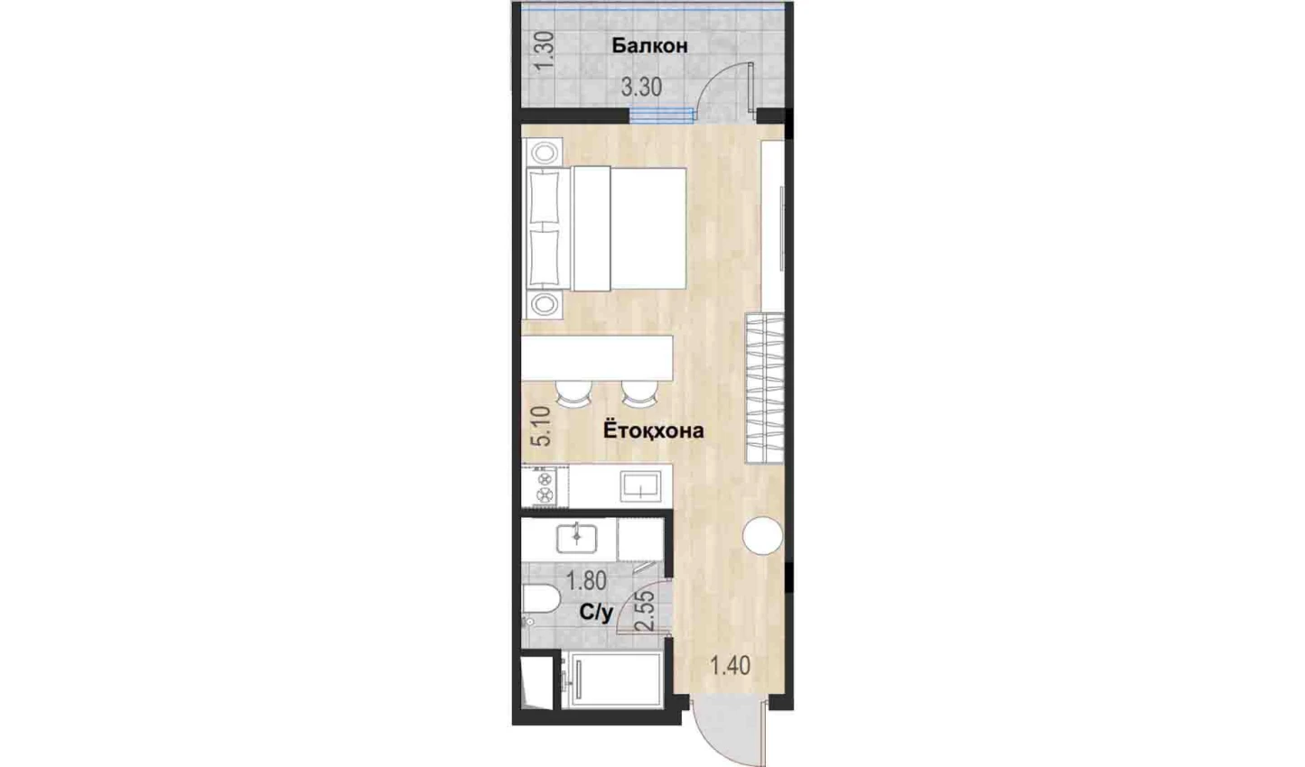 1-комн. квартира 29.14 м²  4/7 этаж | Жилой комплекс Bochka Resort