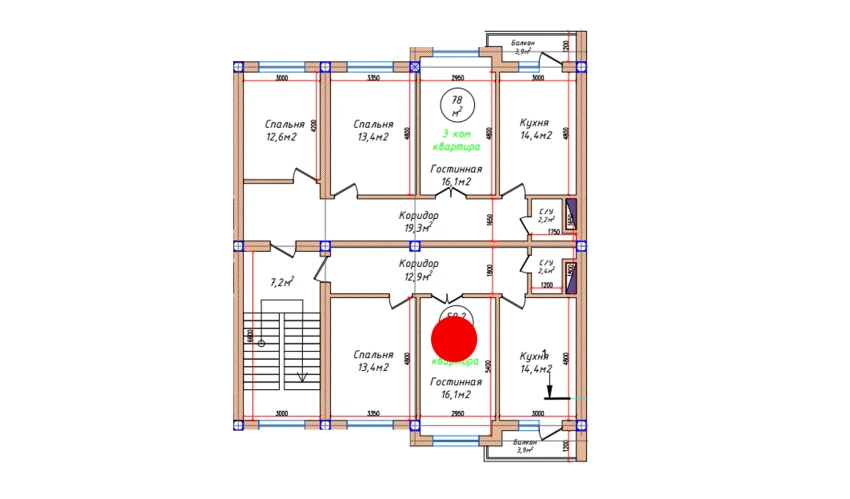2-xonali xonadon 59.2 m²  3/5 qavat | Oq mahalla Turar-joy majmuasi