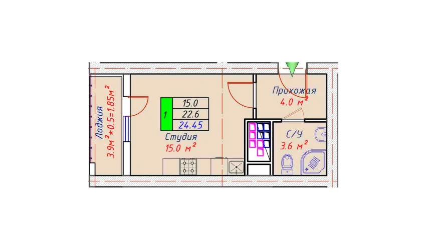 1-xonali xonadon 25.15 m²  10/30 qavat | ECO TOWER Turar-joy majmuasi