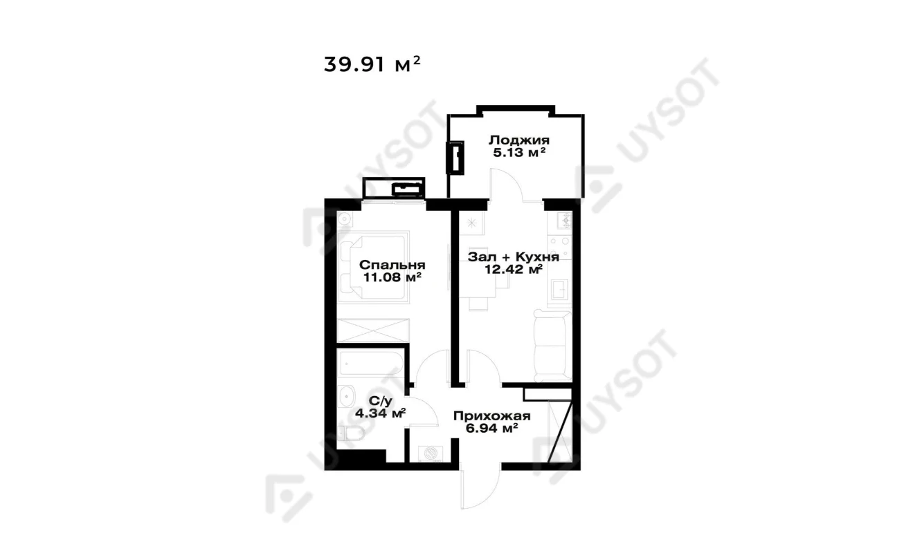 1-комн. квартира 33.91 м²  2/15 этаж | Жилой комплекс Assalom Bog'lar