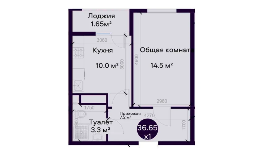 1-xonali xonadon 36.65 m²  2/9 qavat | SOHIL BO'YI ANDIJON Turar-joy majmuasi