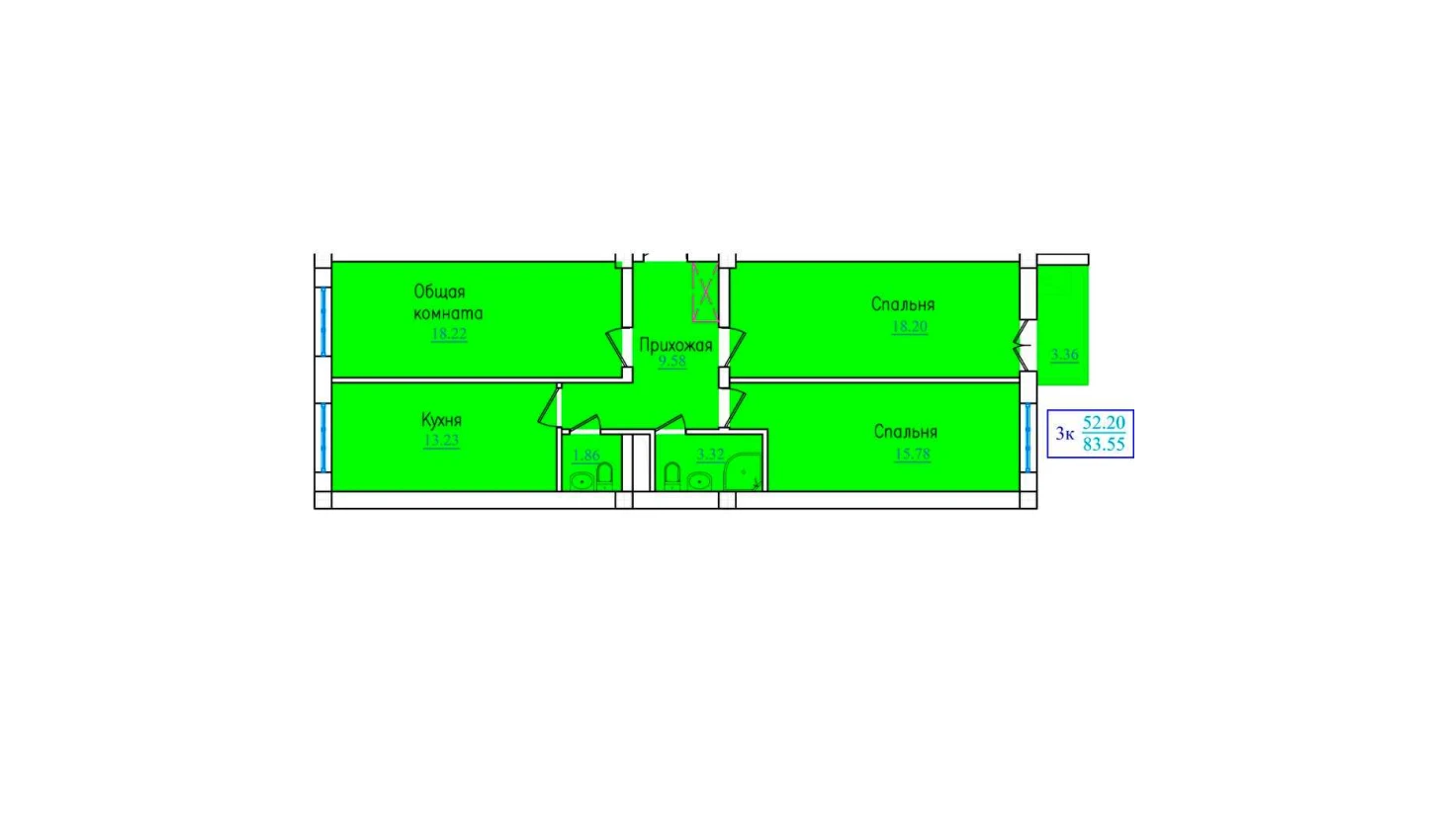 3-xonali xonadon 83.55 m²  4/9 qavat | PROVANS Turar-joy majmuasi