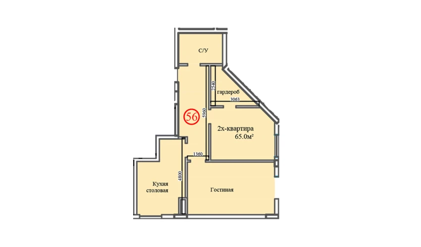2-xonali xonadon 65 m²  1/14 qavat | Al-Barakat Turar-joy majmuasi