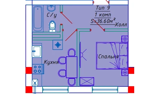1-комнатная квартира 30.6 м²  9/10 этаж | Жилой комплекс Emir