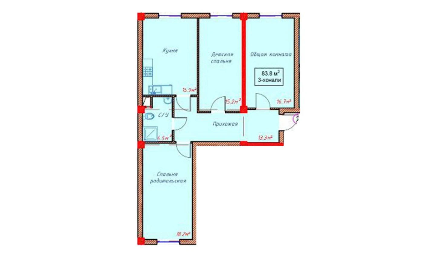 3-xonali xonadon 83.8 m² 1/9 qavat | Orzular Turar-joy majmuasi 3-xonali xonadon 83.8 m² 1/9 qavat | Orzular Turar-joy majmuasi