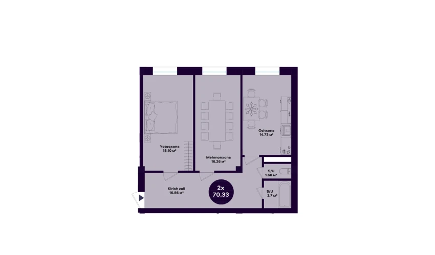 2-xonali xonadon 70.33 m²  1/10 qavat | KAMALAK Turar-joy majmuasi