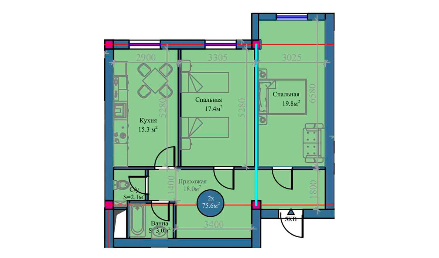 2-xonali xonadon 75.6 m²  10/14 qavat | Zamin Urgut Turar-joy majmuasi