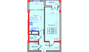 2-xonali xonadon 54.6 m²  8/9 qavat | Hakimi Towers Turar-joy majmuasi