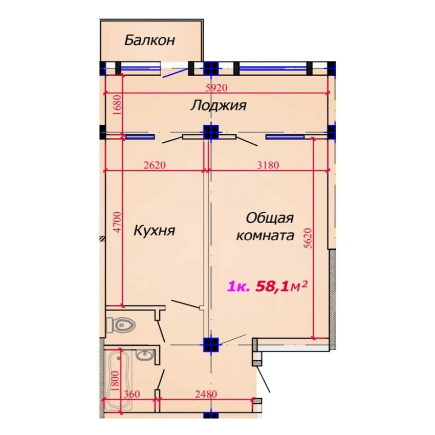 1-комн. квартира 58.1 м²  3/9 этаж | Жилой комплекс VATAN