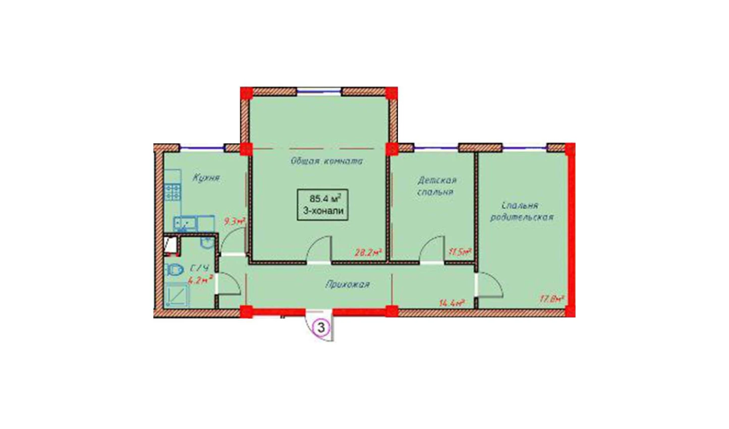 3-комн. квартира 85.4 м² 1/10 этаж | Жилой комплекс Orzular 3-комн. квартира 85.4 м² 1/10 этаж | Жилой комплекс Orzular