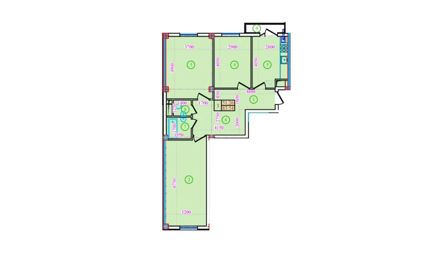 3-xonali xonadon 83.54 m²  5/9 qavat | Bog’zor Turar-joy majmuasi