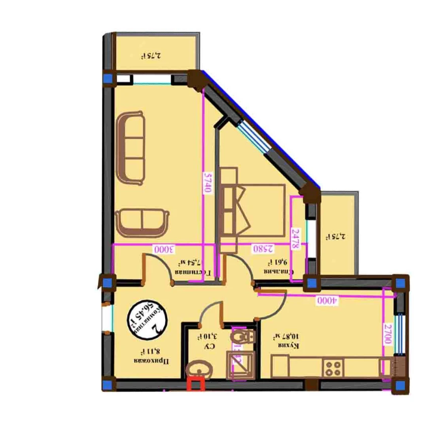 2-xonali xonadon 56.45 m²  10/11 qavat | ANHOR AVENUE Turar-joy majmuasi