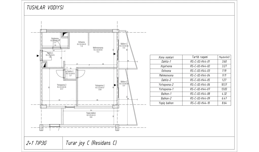 3-комн. квартира 56.4 м² 2/7 этаж | Жилой комплекс TUSHLAR VODIYSI 3-комн. квартира 56.4 м² 2/7 этаж | Жилой комплекс TUSHLAR VODIYSI