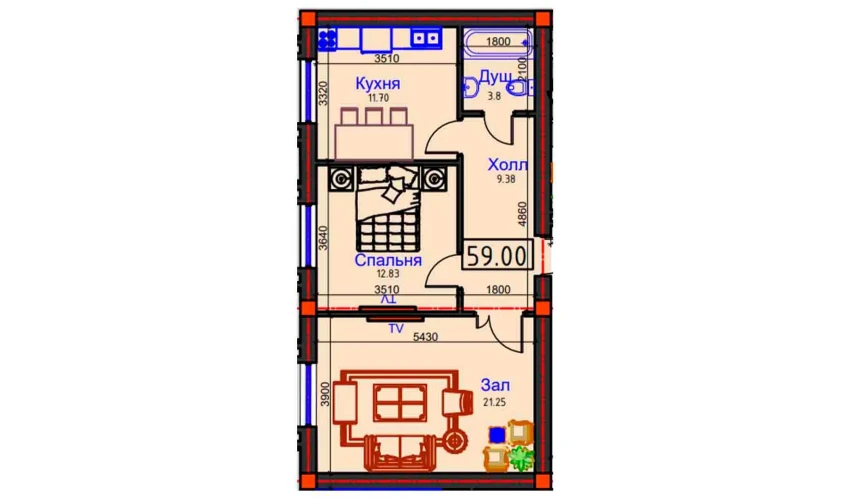 2-комнатная квартира 59 м²  1/7 этаж | Жилой комплекс BAHOR