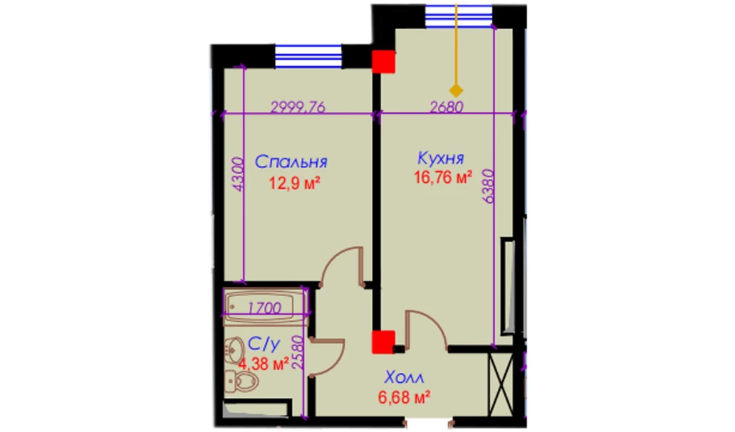1-xonali xonadon 41.4 m²  10/10 qavat | Ko'kcha-Oqtepa Turar-joy majmuasi