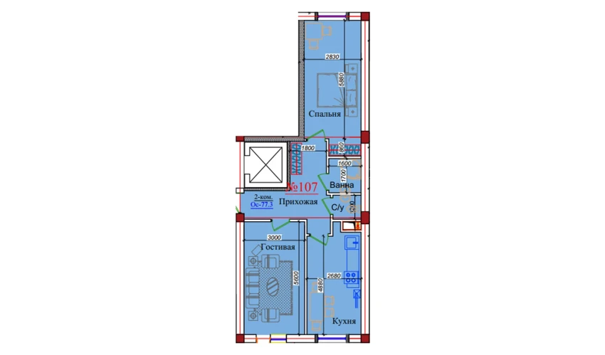 2-комнатная квартира 77.3 м²  7/9 этаж | Жилой комплекс ZAR ZAMONAVIY UYLAR