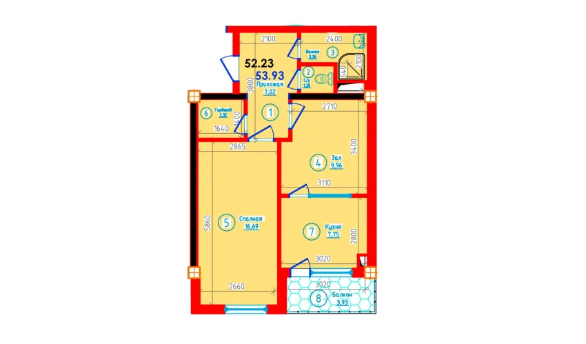 2-комнатная квартира 53.93 м²  11/12 этаж | Жилой комплекс S-Tower