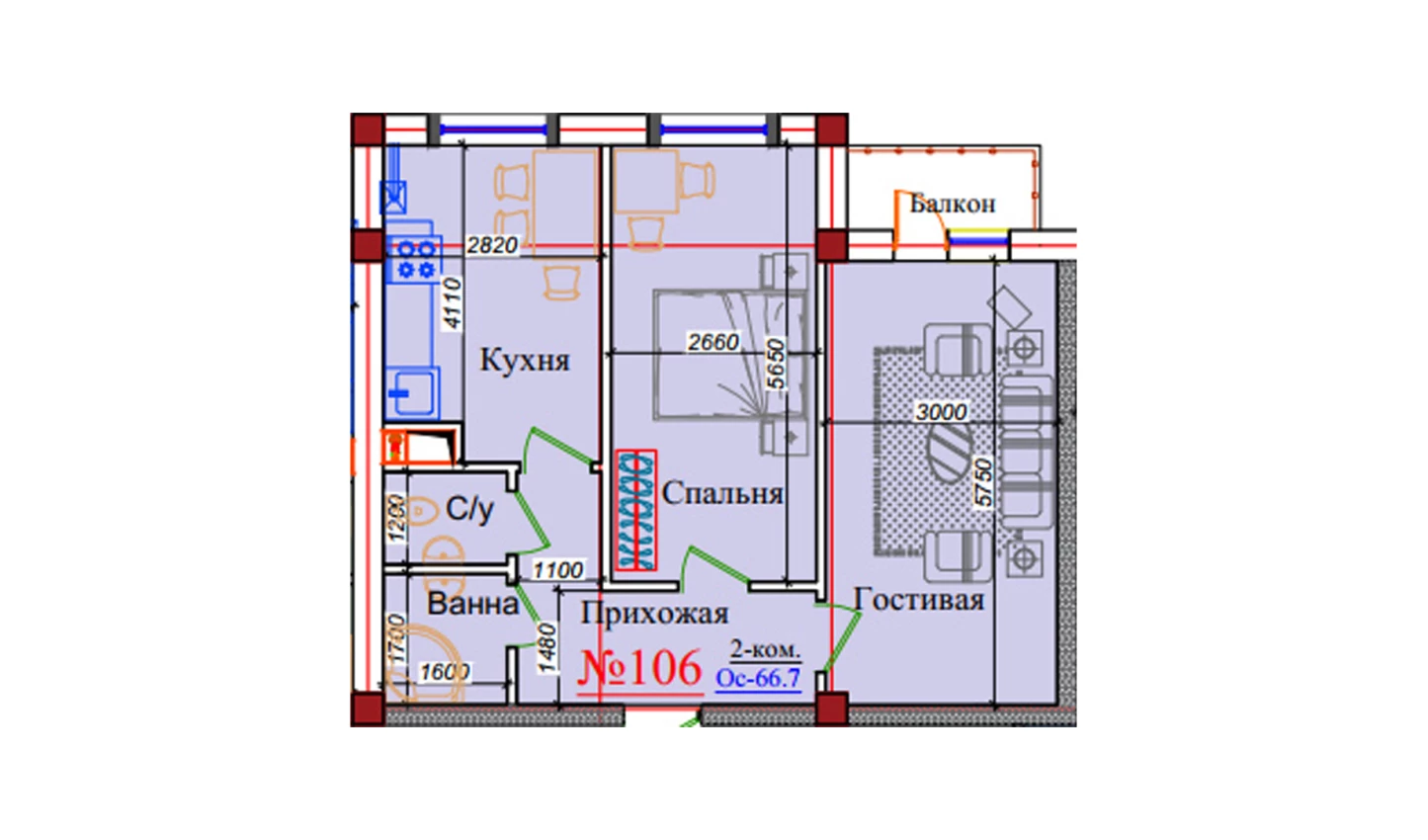 2-xonali xonadon 66.7 m²  4/9 qavat | ZAR ZAMONAVIY UYLAR Turar-joy majmuasi