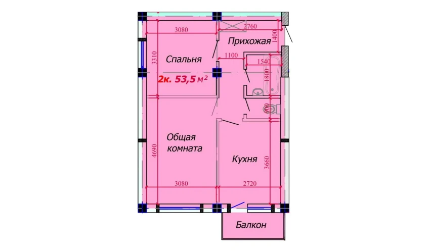 2-комнатная квартира 53.5 м²  5/9 этаж | Жилой комплекс VATAN