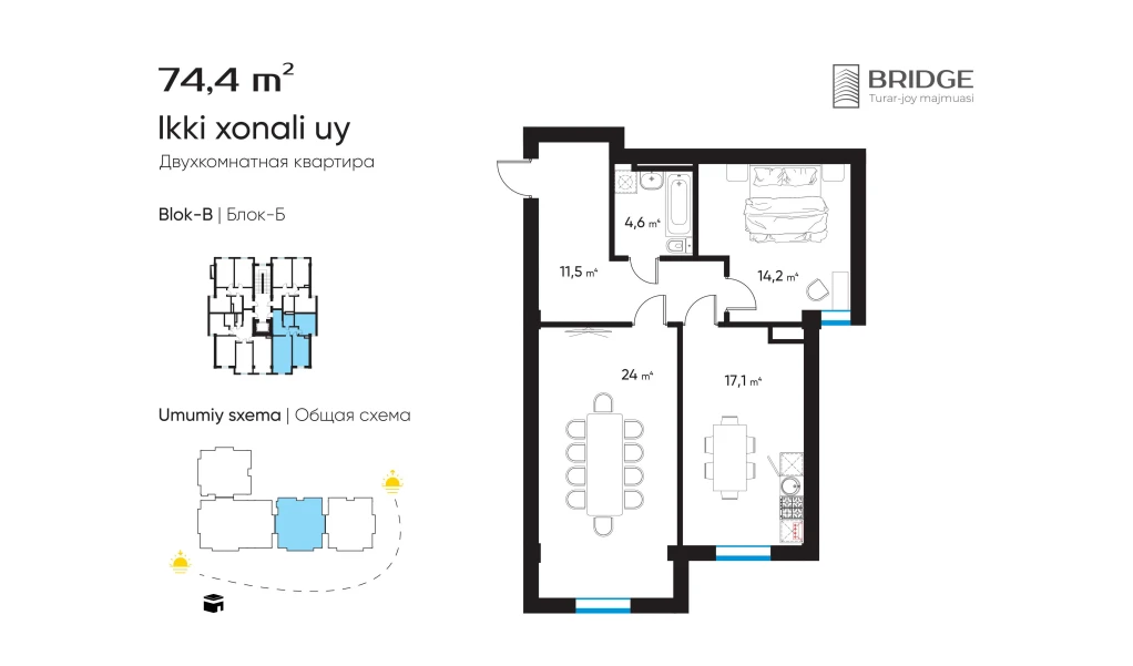 2-комн. квартира 74.4 м²  9/10 этаж | Жилой комплекс BRIDGE