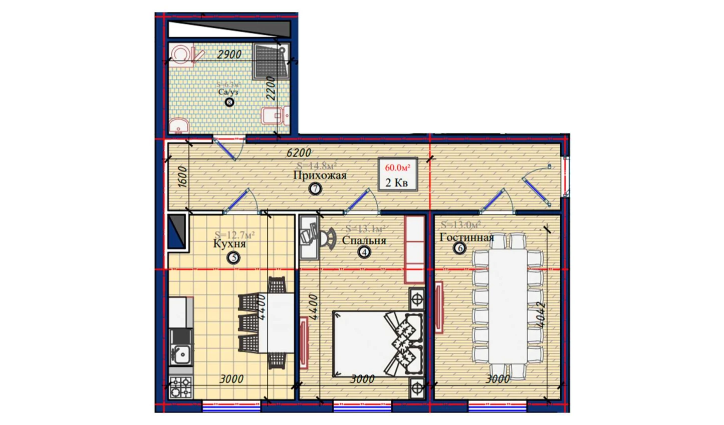2-комн. квартира 60 м²  1/10 этаж | Жилой комплекс NURAFSHON