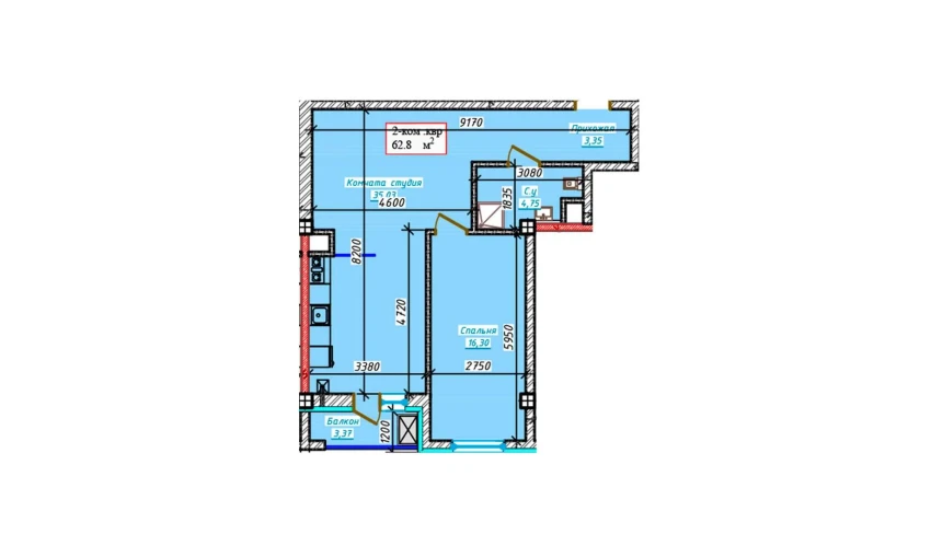 2-комнатная квартира 62.8 м²  2/9 этаж | Жилой комплекс Aero Town