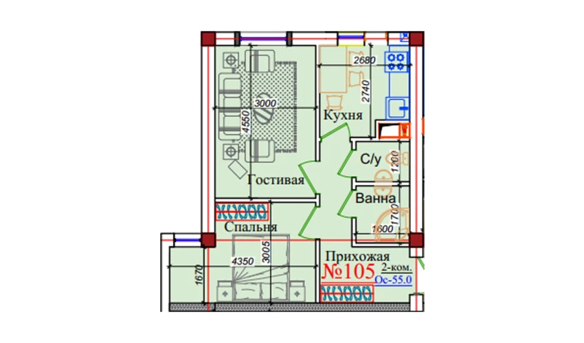 2-комнатная квартира 55 м²  8/9 этаж | Жилой комплекс ZAR ZAMONAVIY UYLAR