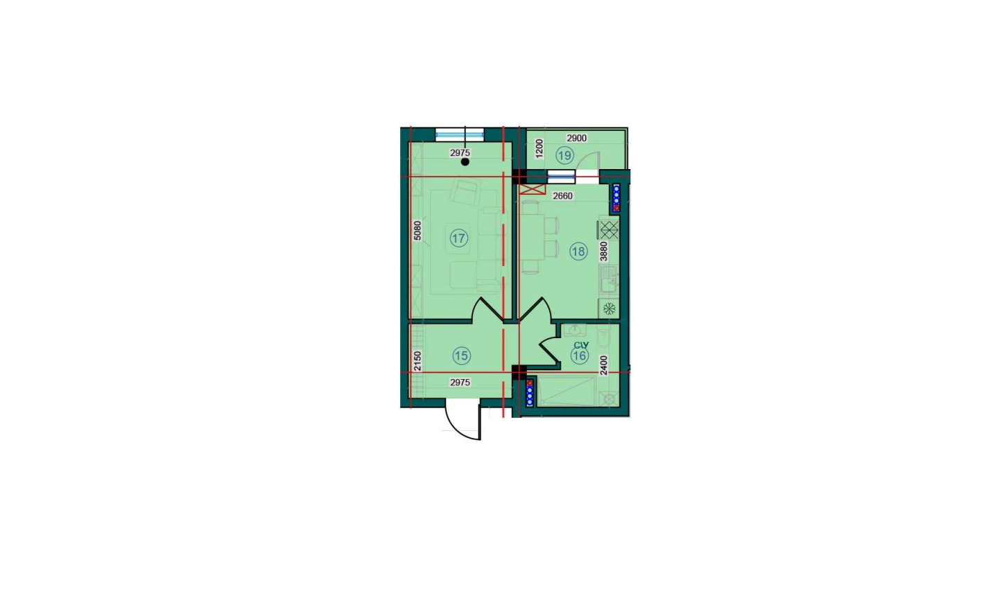 1-xonali xonadon 44.5 m²  4/7 qavat | Bristol Turar-joy majmuasi