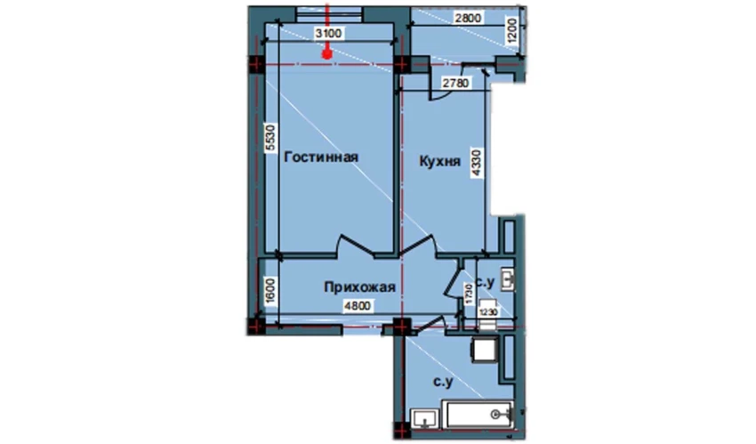 1-комнатная квартира 49.8 м²  6/10 этаж | Жилой комплекс NUR BARAKA