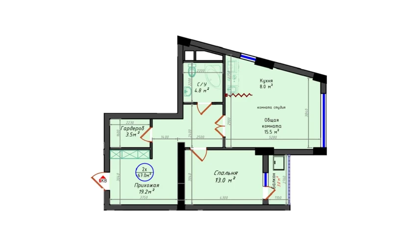 2-комнатная квартира 67 м²  5/21 этаж | Жилой комплекс Brilliant City