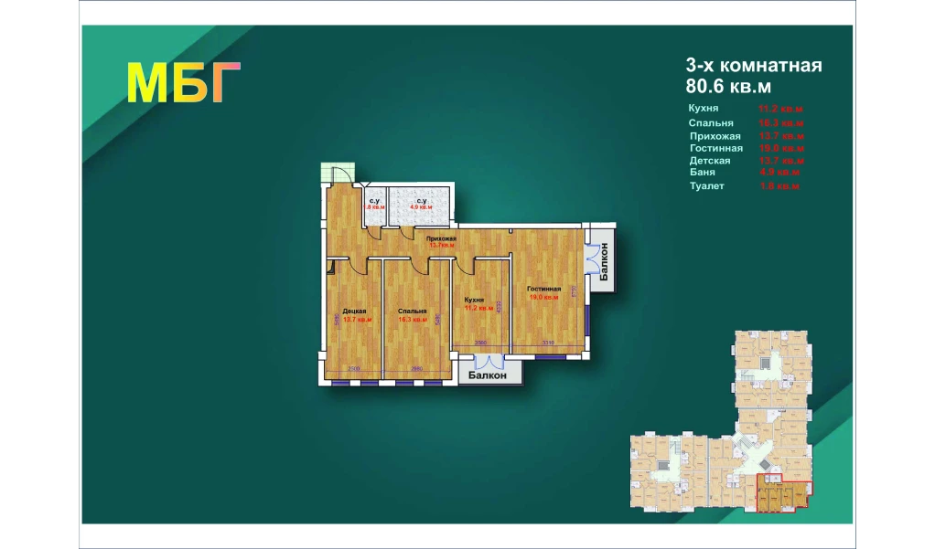 3-комн. квартира 80.6 м²  2/9 этаж | Жилой комплекс MBG