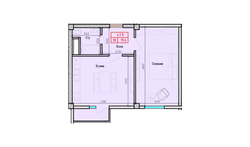1-xonali xonadon 47.9 m²  7/7 qavat | Gulbadanbegim Turar-joy majmuasi