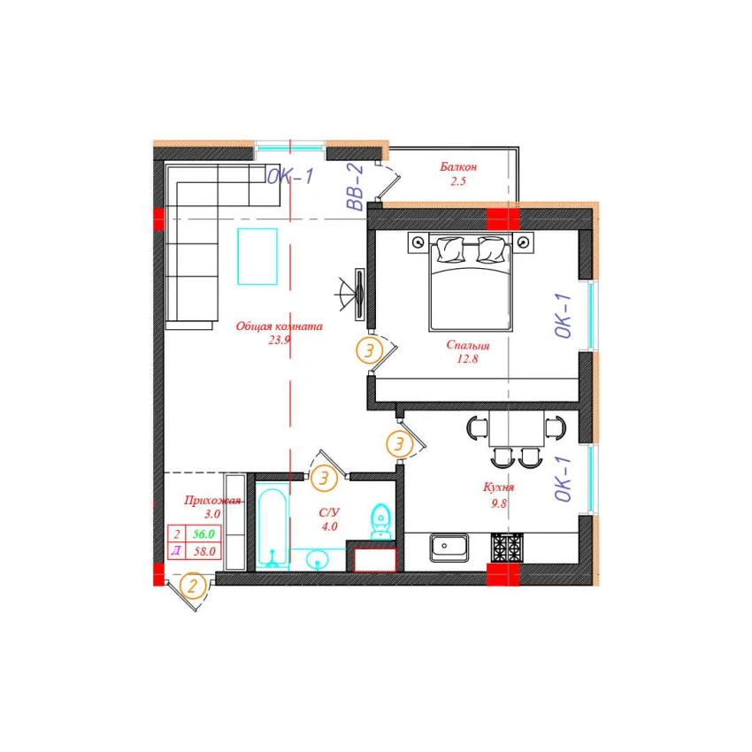 2-комн. квартира 58 м²  12/12 этаж | Жилой комплекс CHINARA PARK