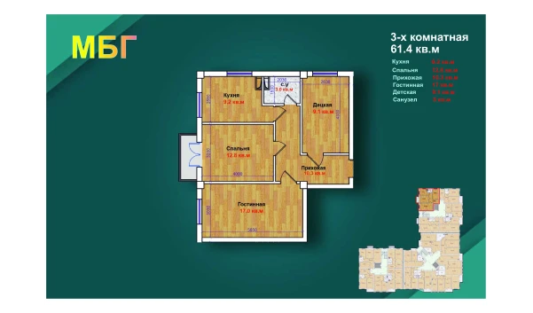 3-комнатная квартира 61.4 м²  3/9 этаж | Жилой комплекс MBG