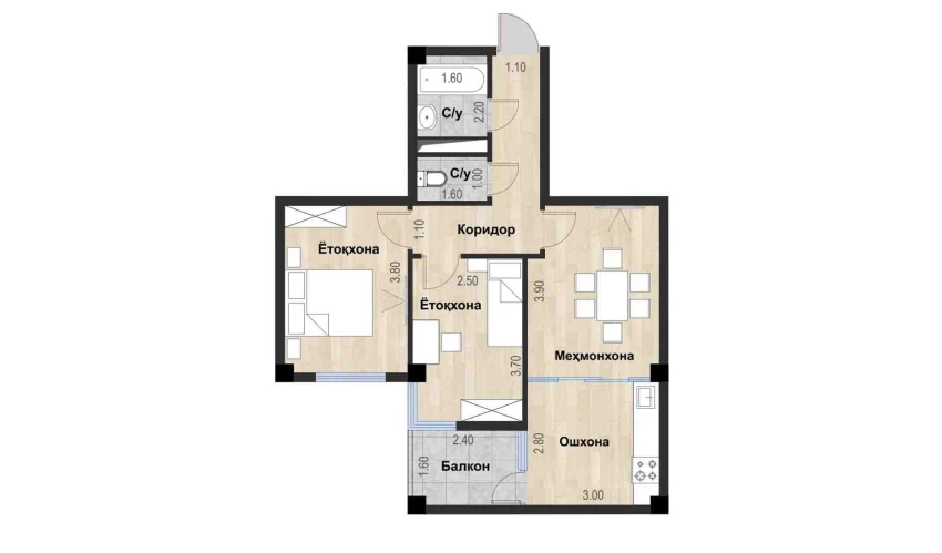 3-xonali xonadon 55.16 m²  1/7 qavat | Bochka Resort Turar-joy majmuasi