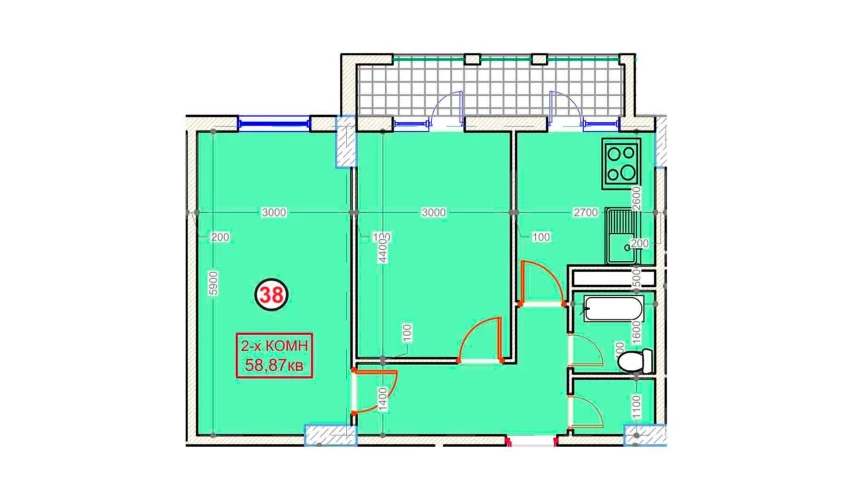 2-комнатная квартира 58.87 м²  9/9 этаж | Жилой комплекс XUMO