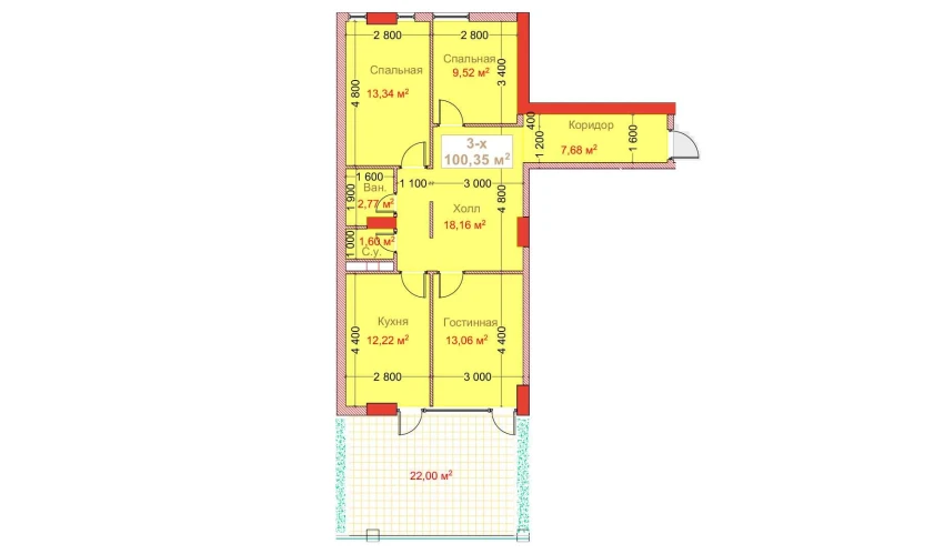 3-xonali xonadon 100.35 m²  2/8 qavat | CAPITAL AVENUE Turar-joy majmuasi