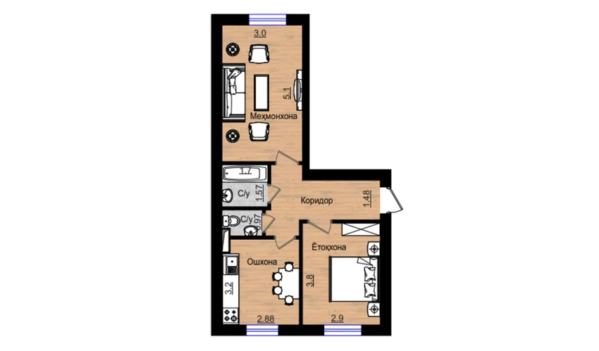 2-xonali xonadon 52.82 m²  1/5 qavat | QIZILTEPA Turar-joy majmuasi