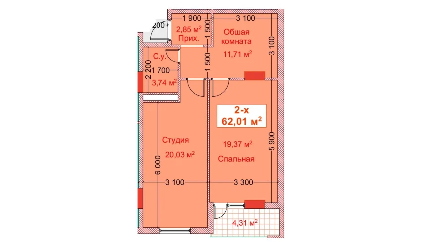 2-комнатная квартира 62.01 м²  7/8 этаж | Жилой комплекс CAPITAL AVENUE