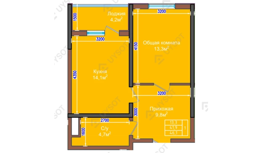 1-комнатная квартира 46.1 м²  2/9 этаж | Жилой комплекс NUR HAYAT